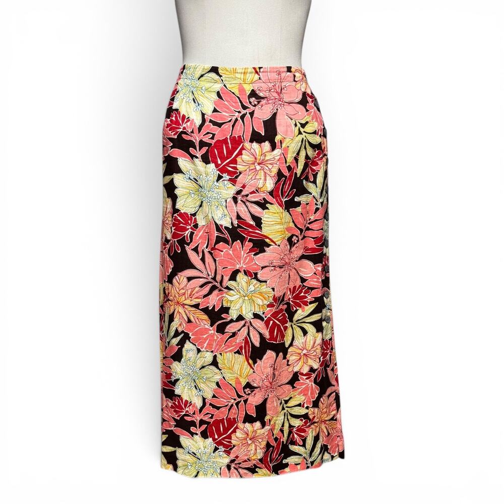Liz Claiborne Linen Button Maxi Skirt Brown Pink Floral Tropical 10